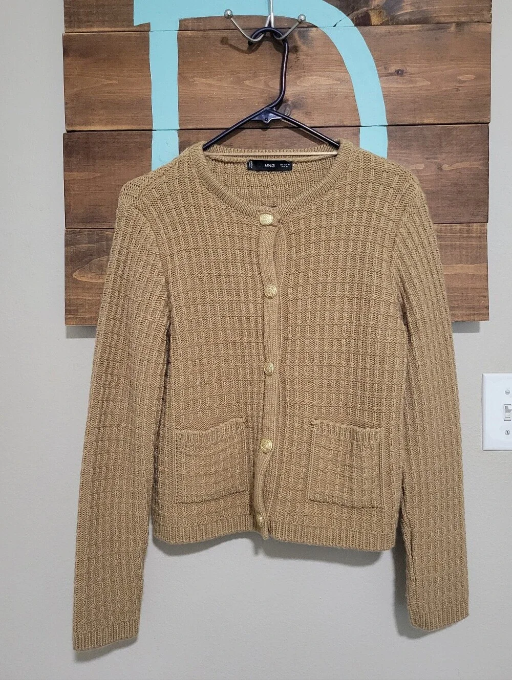 Mango Tan/Camel Old Money Ribbed Knit Gold Button-Front Cardigan Medium